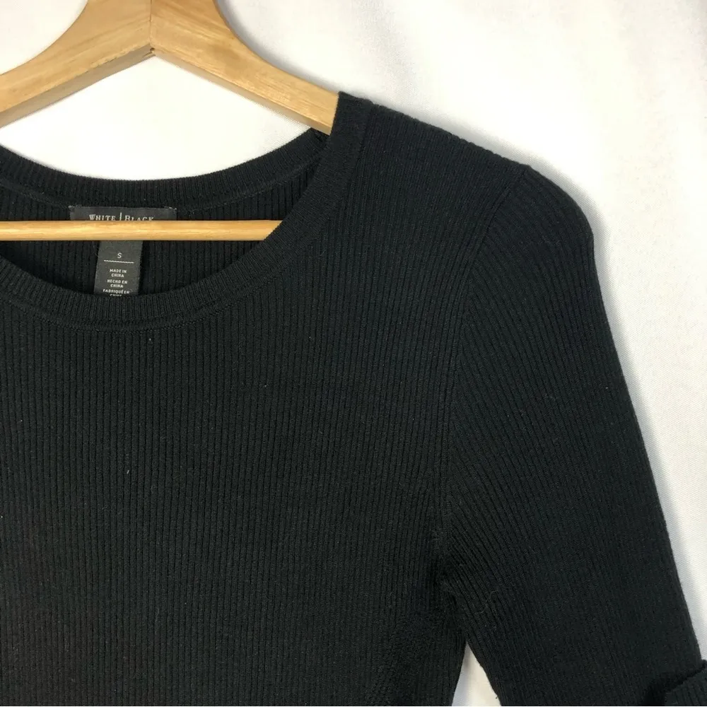White House Black Market WHBM Black Ribbed Half Sleeve Knit Top S - Image 3