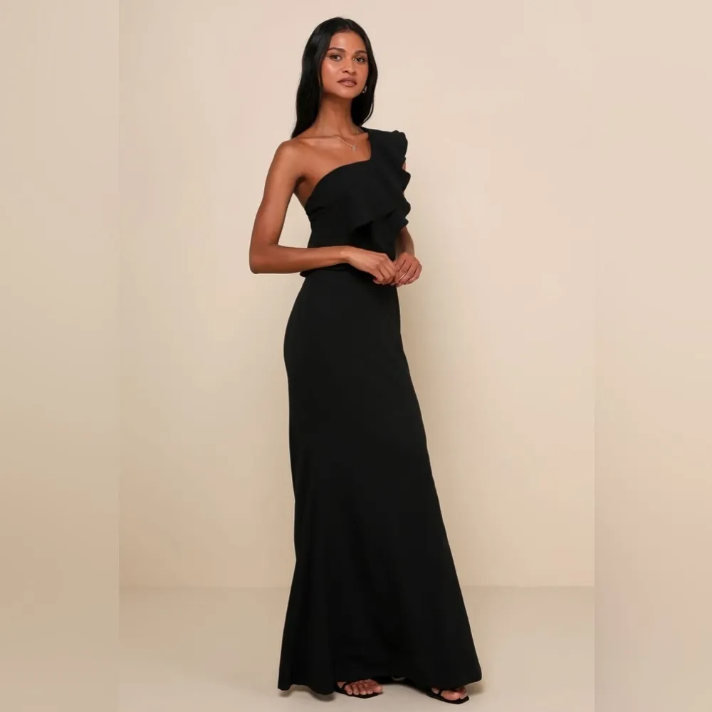 LULU’S Grand Beauty Black Ruffled One-Shoulder Mermaid Maxi Dress - Image 6