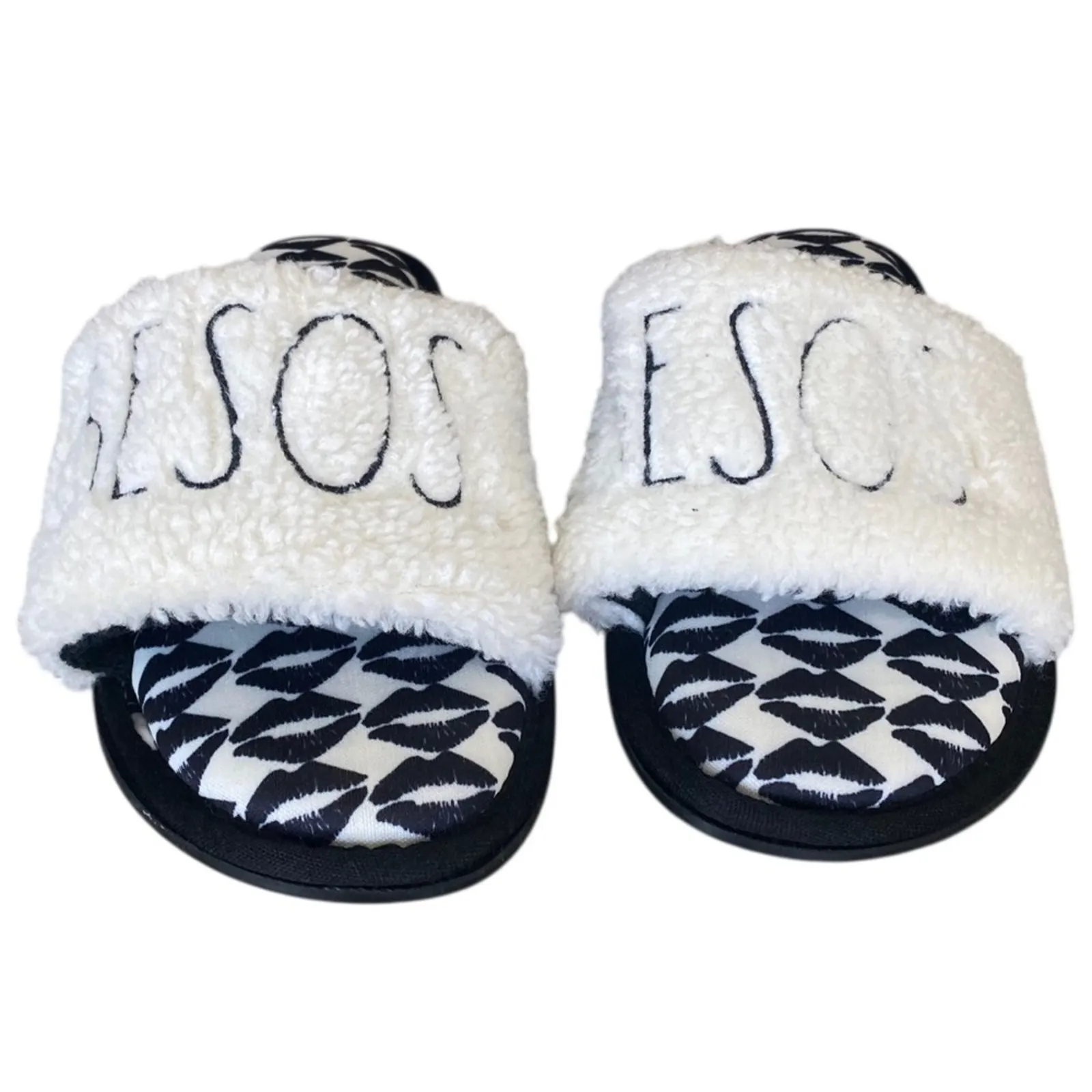 Rae Dunn Black and White “BESOS” Kisses Fuzzy Slippers NEW Size SMALL - Image 11