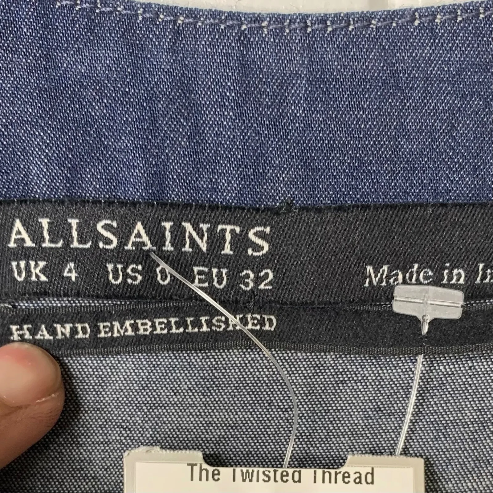 All‎ Saint blue denim lace floral embroidered midi shirt dress size 0 US boho - Image 7