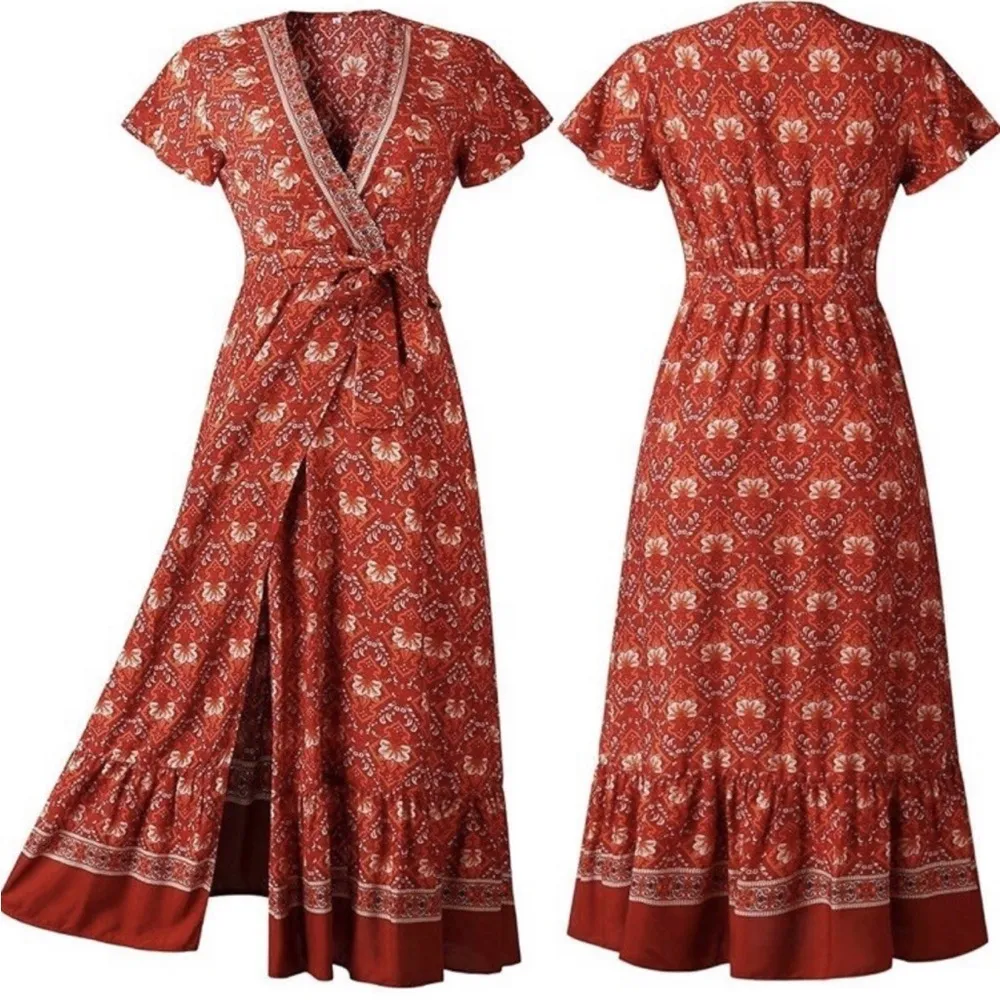 Zesica Bohemian Wrap Dress Red Print Small - Image 2