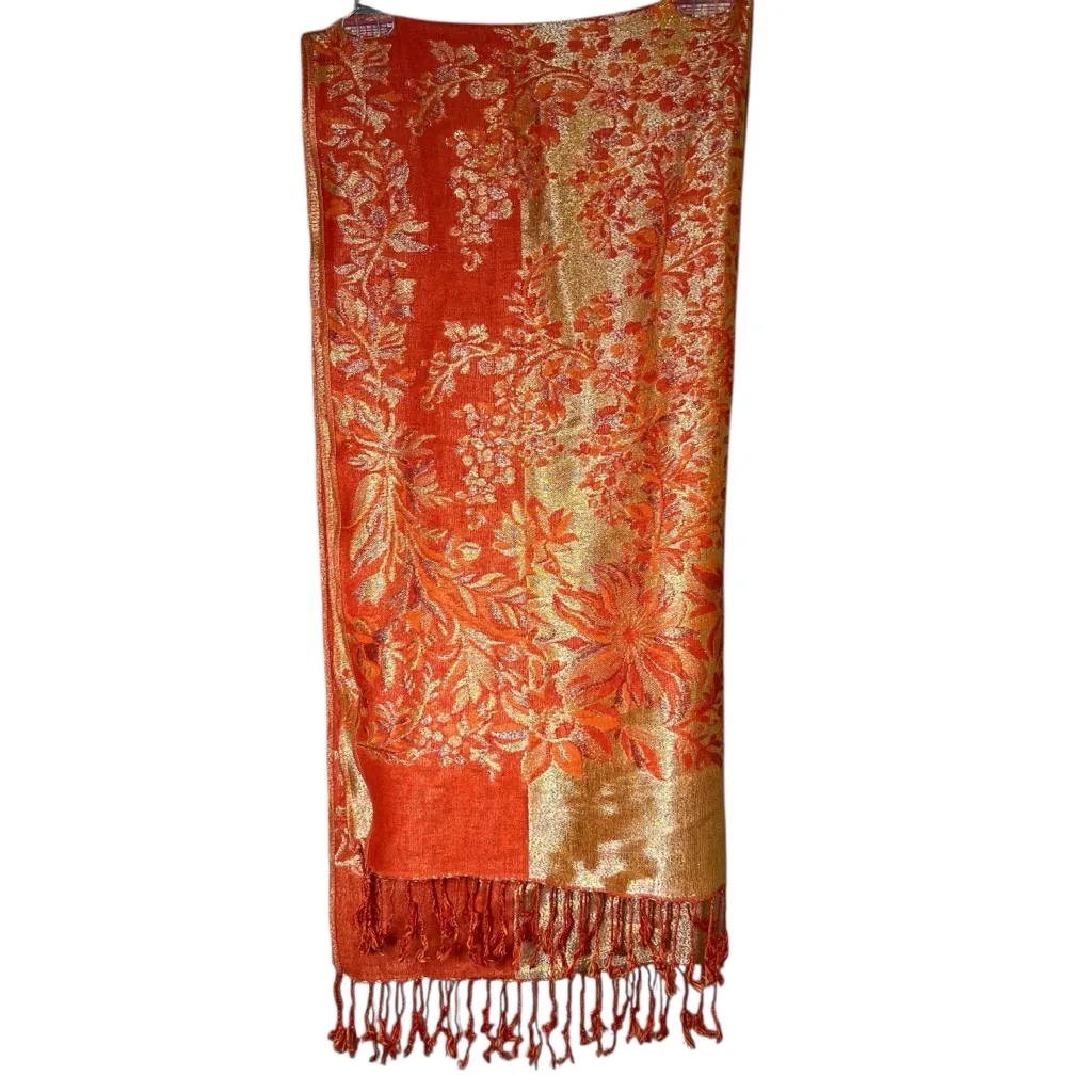 VTG Pashmina Silk Blend Shawl Scarf Wrap Orange Gold Metallic Jacquard Boho - Image 2