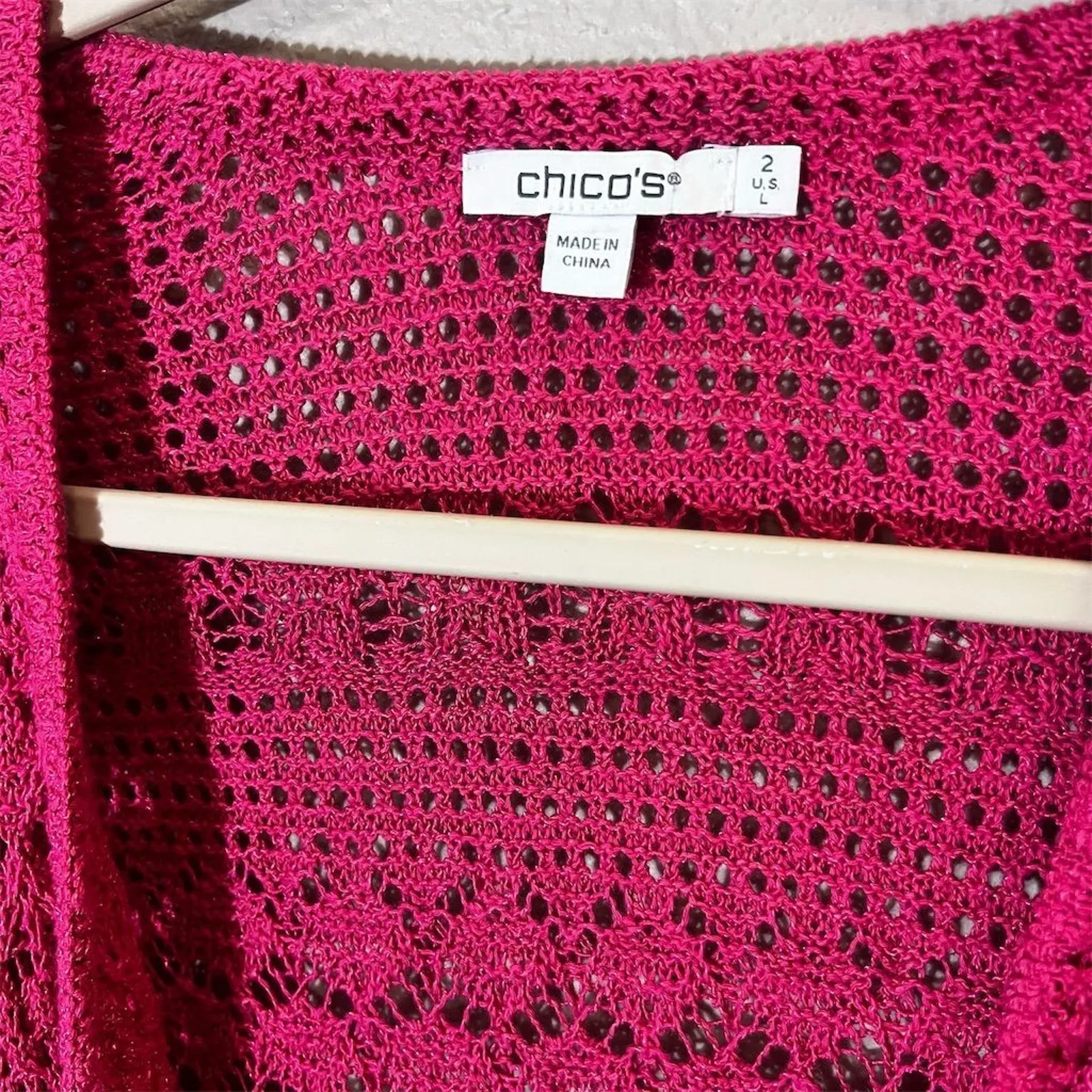 Chico's Pink Crochet Cardigan Sweater 3/4 Bell Sleeve Size 12 Fringe Open Front - Image 5