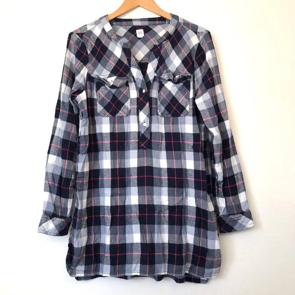 GAP Plaid Henley Tunic Top Navy Blue White Pink Flannel Button Down Shirt Medium - Image 3