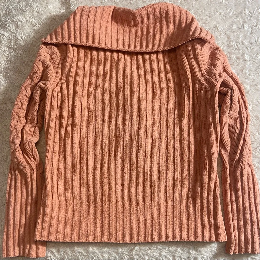 Cable Knit Pullover Button-Up Sweater Peach Light Orange M Medium - Image 4