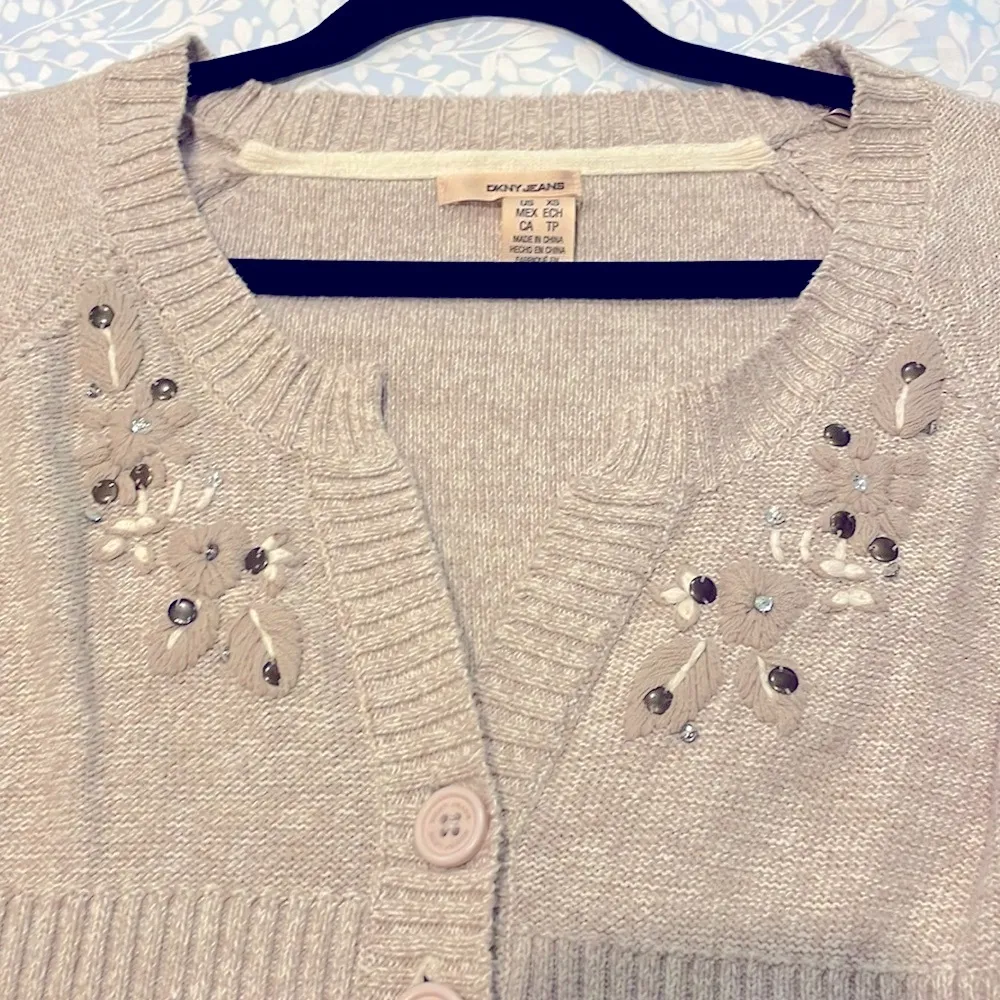 DKNY embroidered cotton blend cardigan in beige oatmeal size XS - Image 2