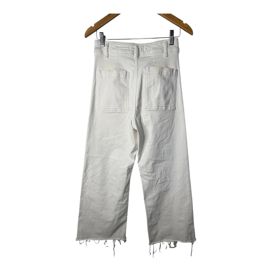 Zara Wide Leg Cropped Jeans High Waist Distressed Hem White Women‎ Size 6 - Image 5