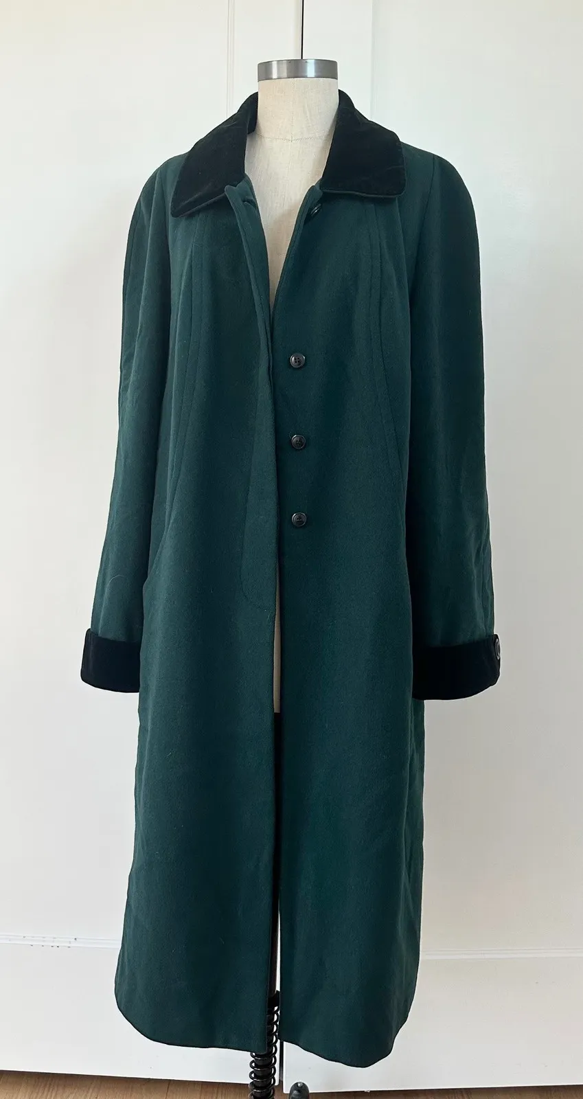 ALORNA Vintage Women's Dark Green Velvet Trim Long Wool Blend Coat 90s Size M - Image 1