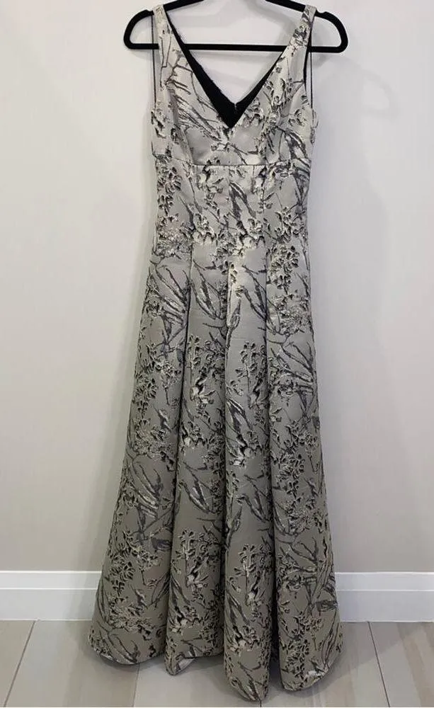 Aidan Mattox Silver Gray Floral Brocade Jacquard A-line Gown Prom Dress Size 0 - Image 3