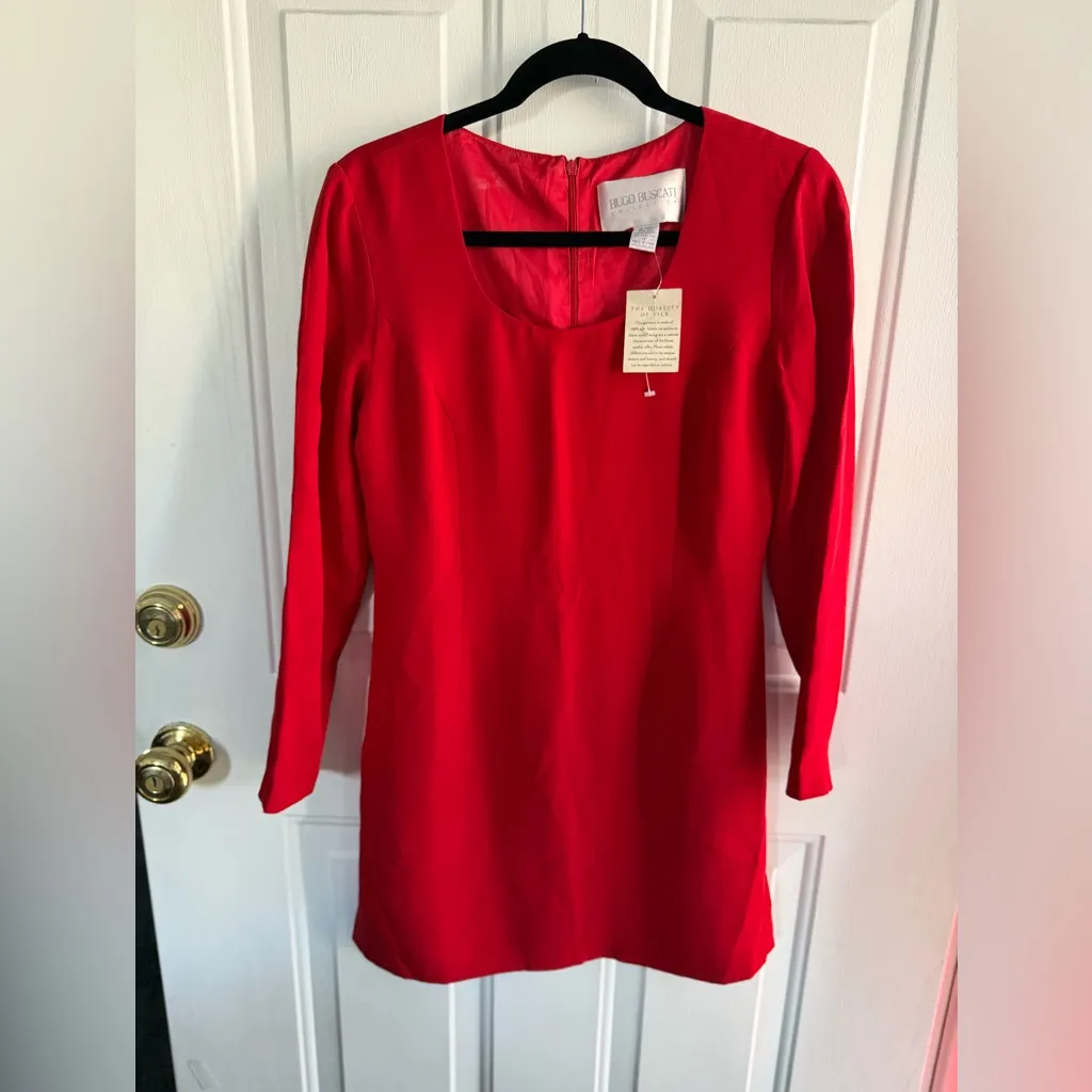 HUGO BUSCATI. NWT Silk Long Sleeve Mini Dress, Classic Red, SIZE 10 - Image 2