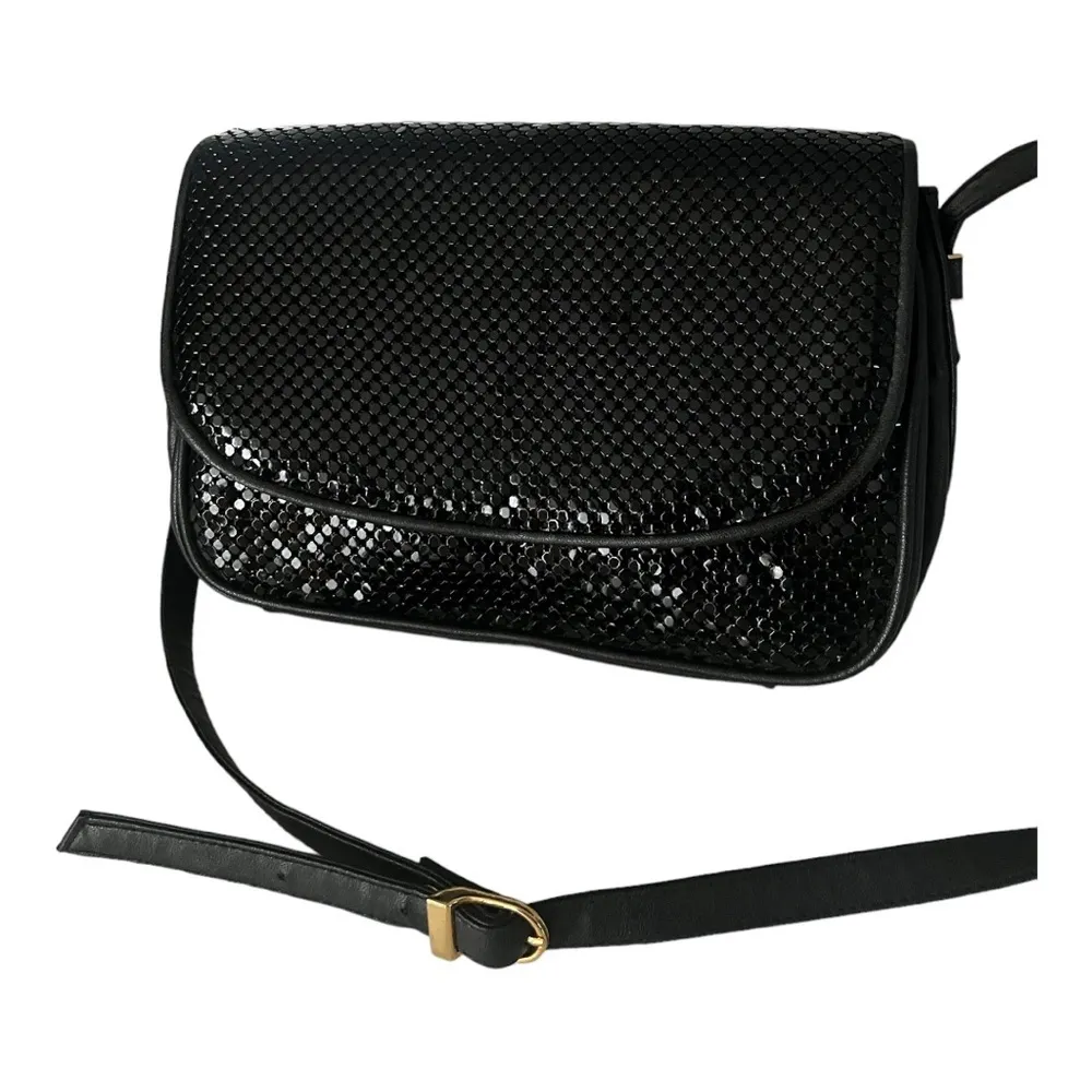 Whiting & Davis Black Leather Black Brass Circle Flat Mesh Crossbody Bag - Image 9