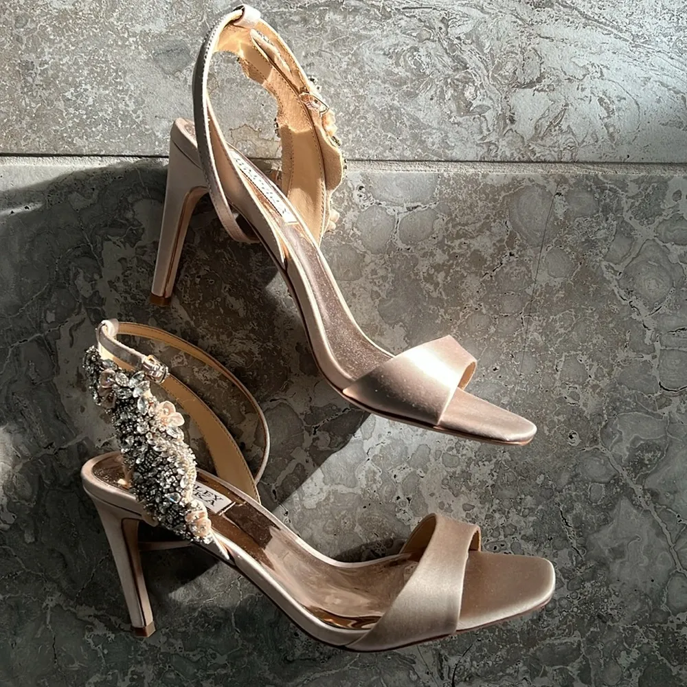Badgley Mischka Tisha Embellished Heeled Sandals in Nude Satin, Size 8 NEW $245 - Image 6