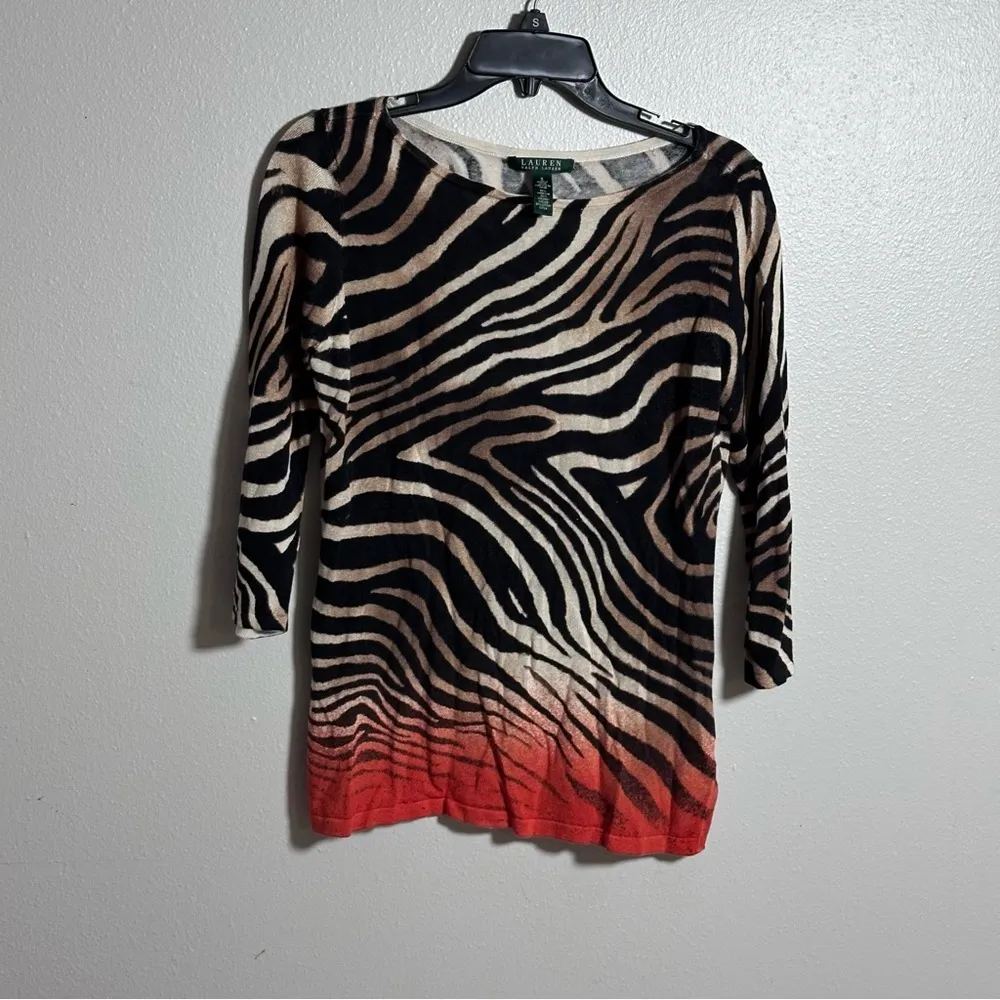 Lauren Ralph Lauren Women Zebra Striped 3/4 Sleeve Top Sweater size Small. - Image 2