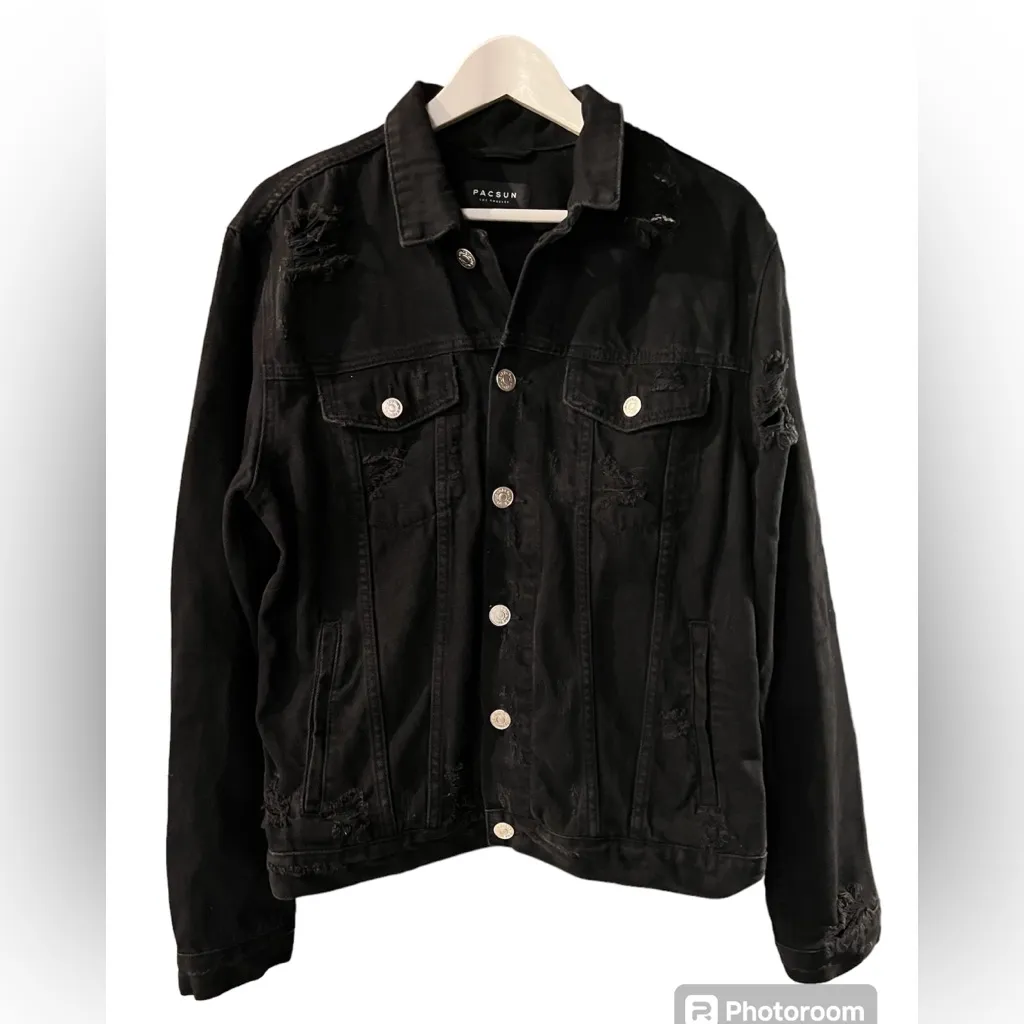PACSUN Oversized Black Jean Jacket Denim Unworn Moto Jacket M Distressed Western - Image 2