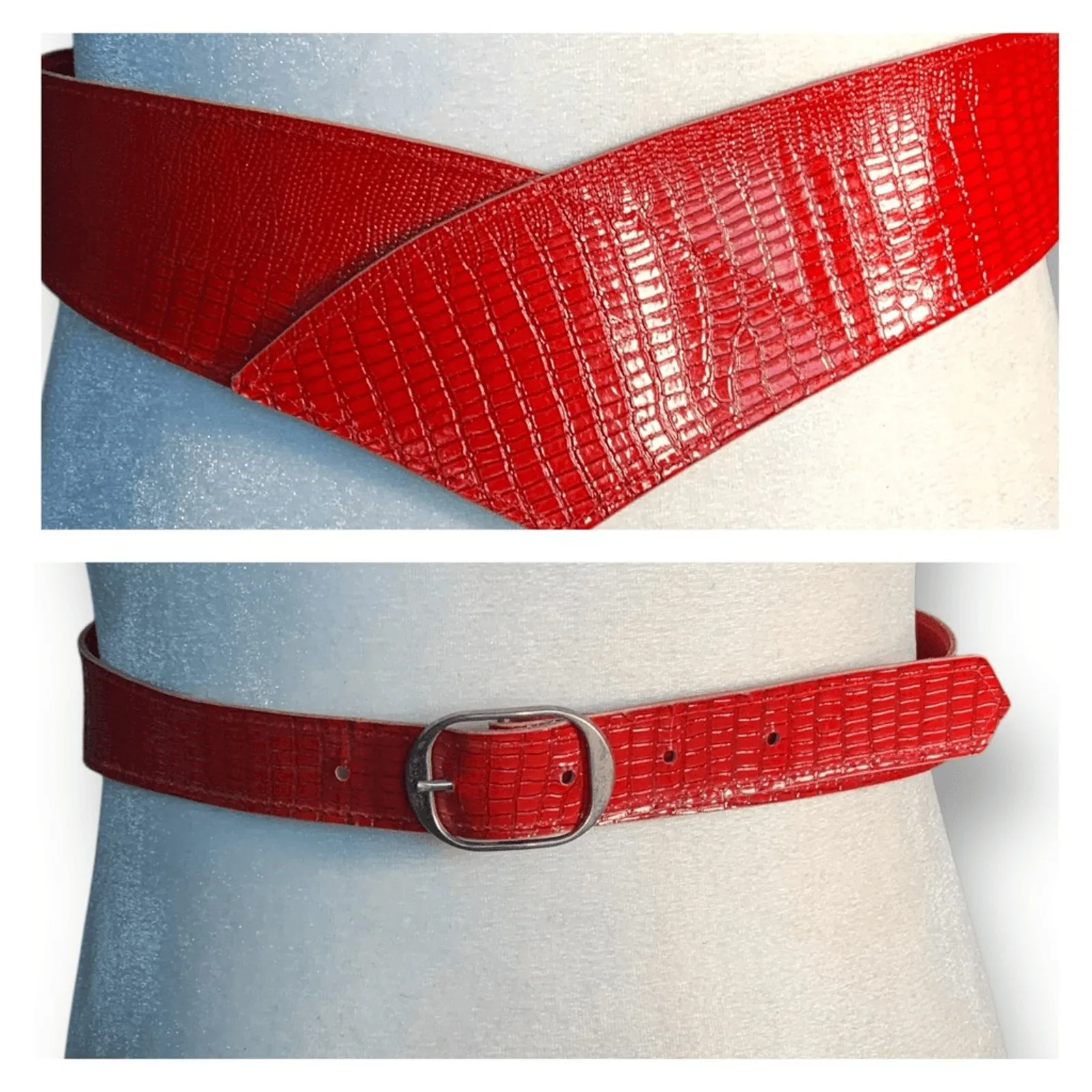 Vintage Cherry Red Faux Lizard Leather Belt Wide Waist Cinch Statement Accessory - Image 6
