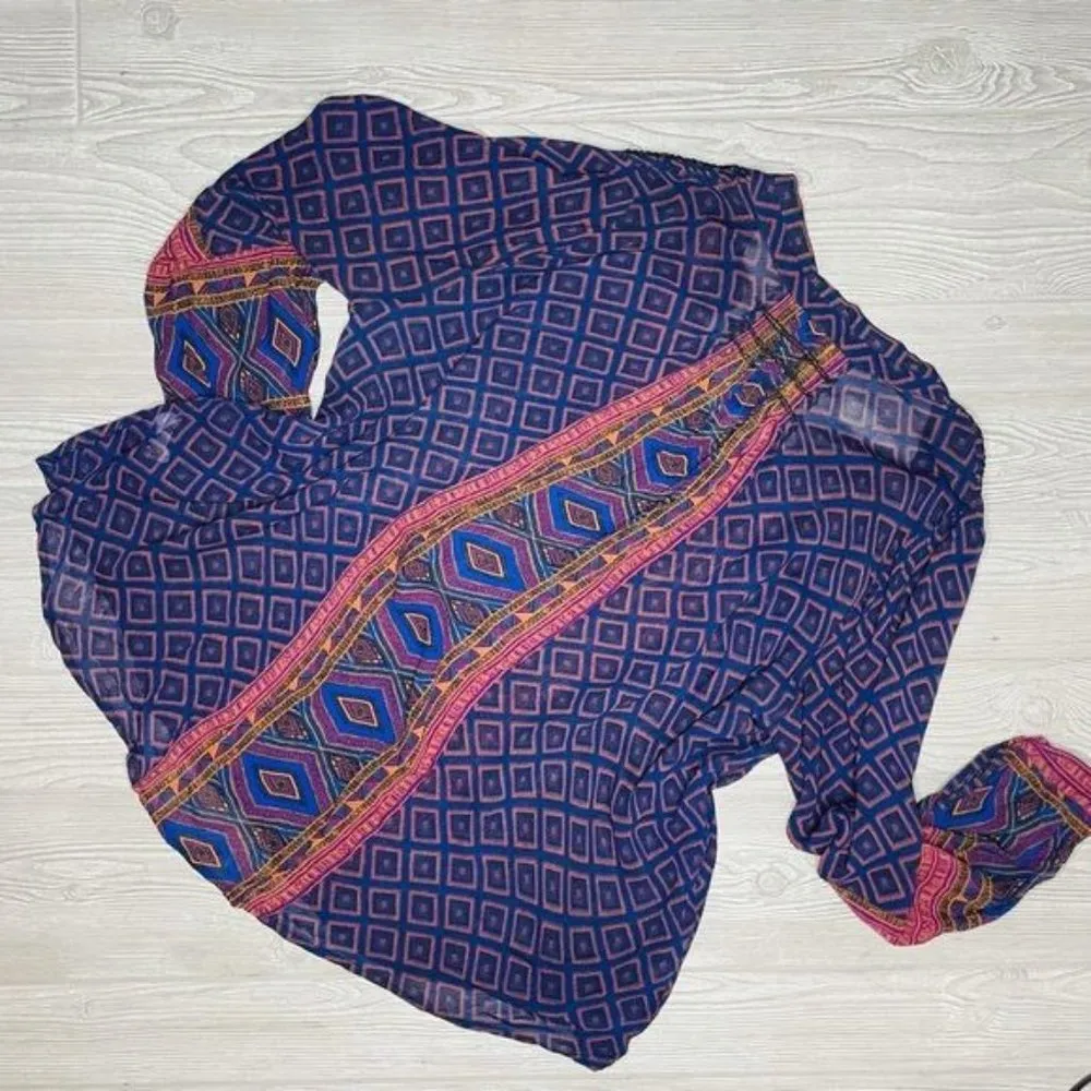 Lucky brand 3x Aztec design flowey blue and purple crop sleeved shirt / top blou - Image 2