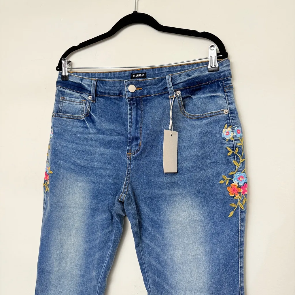 Flamingals Floral Embroidery Mid Waist High Stretch Bootcut Jeans with Pockets Blue Size XL - Image 4