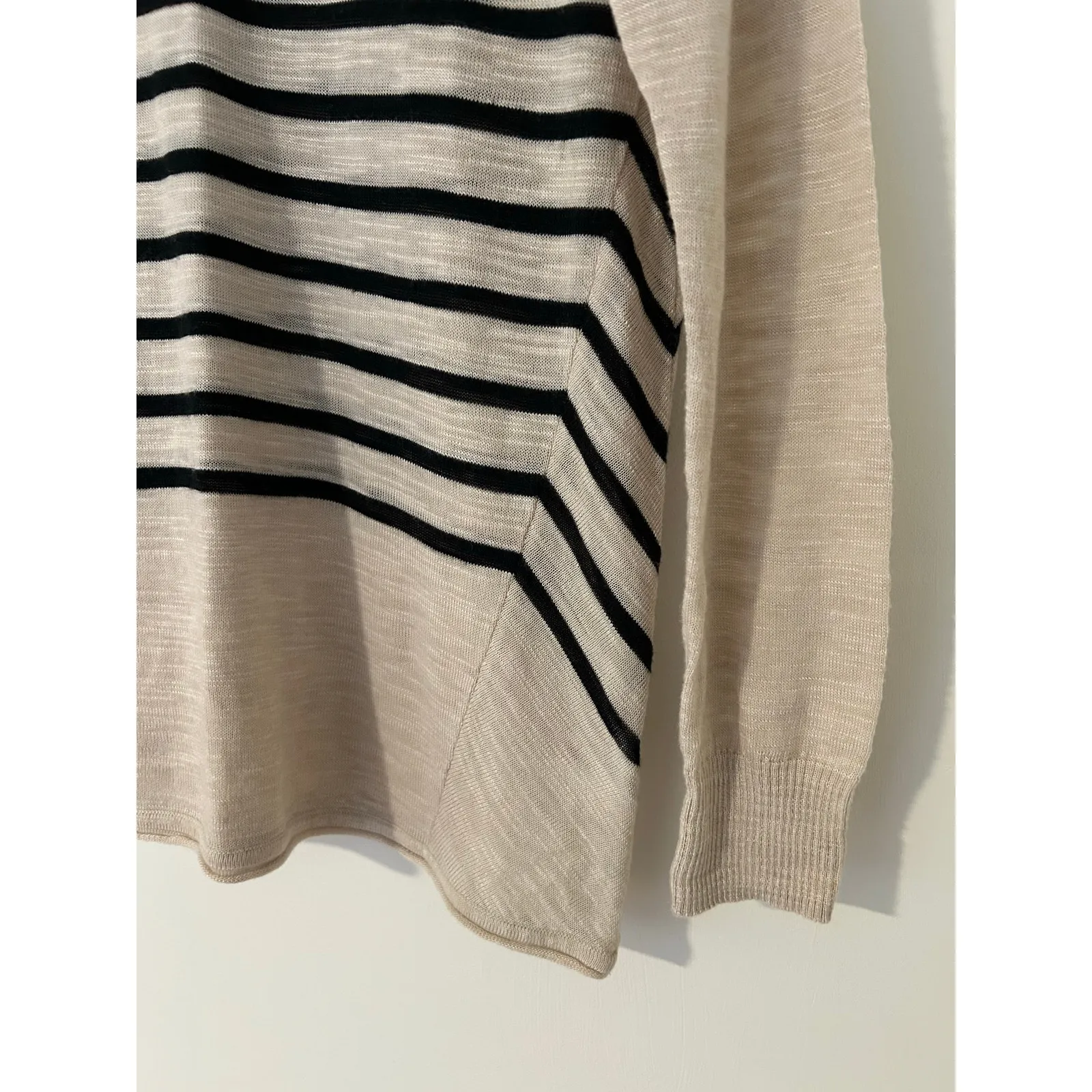 White + Warren L Striped Wool Blend Lightweight Sweater Top Tan Black Burnout Size L - Image 4