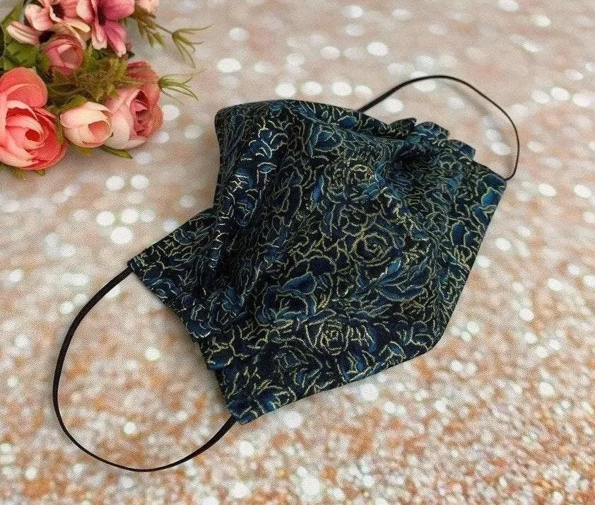 Dark Teal Gold Metallic Roses Floral Luxury Premium Cotton Face Mask Multiple - Image 2