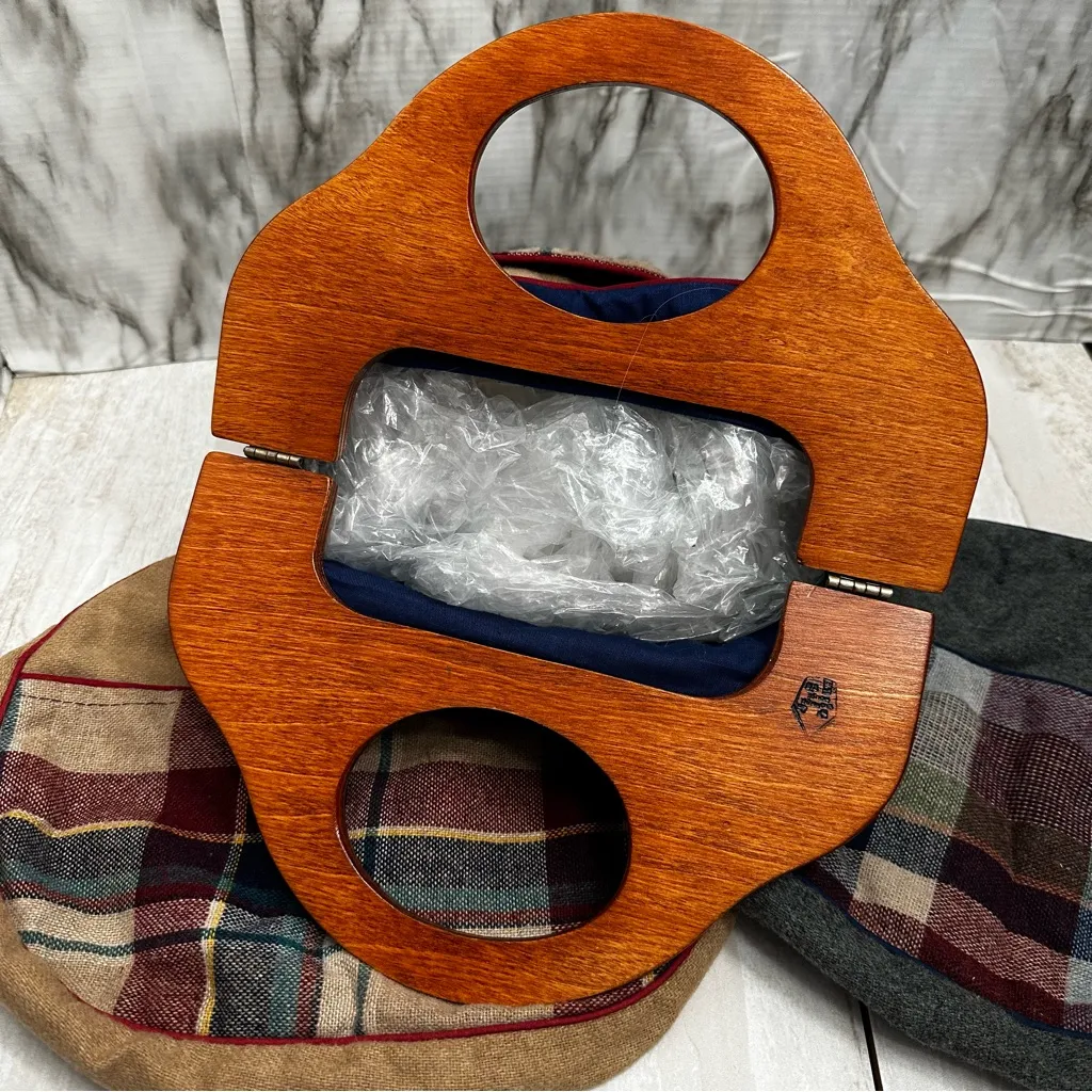 Vintage Tan Brown Plaid Handbag Wooden Handle Handbag Three Covers Preppy Vibe - Image 11