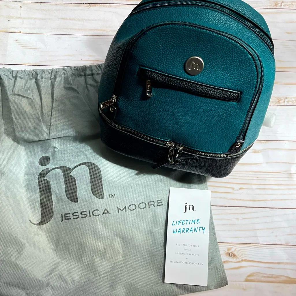 New Jessica Moore Designer Mini Teal & Black Backpack with Dust Cover Blue - Image 8
