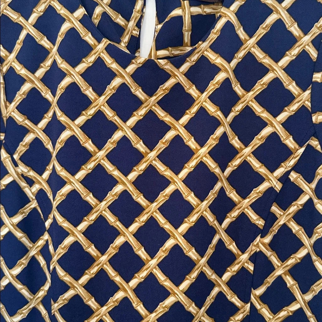J. McLaughlin Navy/Gold Diamond Pattern Dress size‎ M EUC Pockets 3/4 Sleeve - Image 3