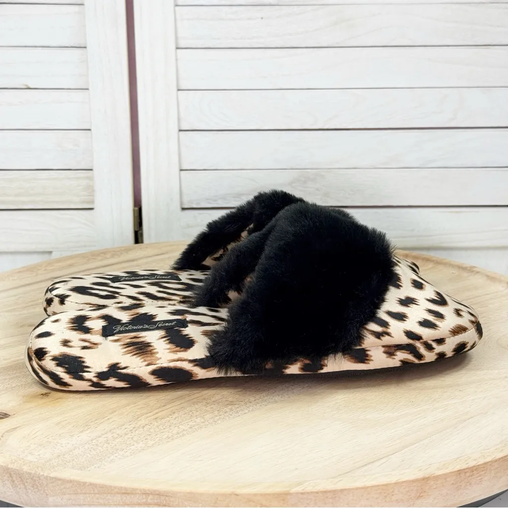 Victorias Secret Leopard Print Faux Fur Trim Satin Slippers Tan Black Medium - Image 2