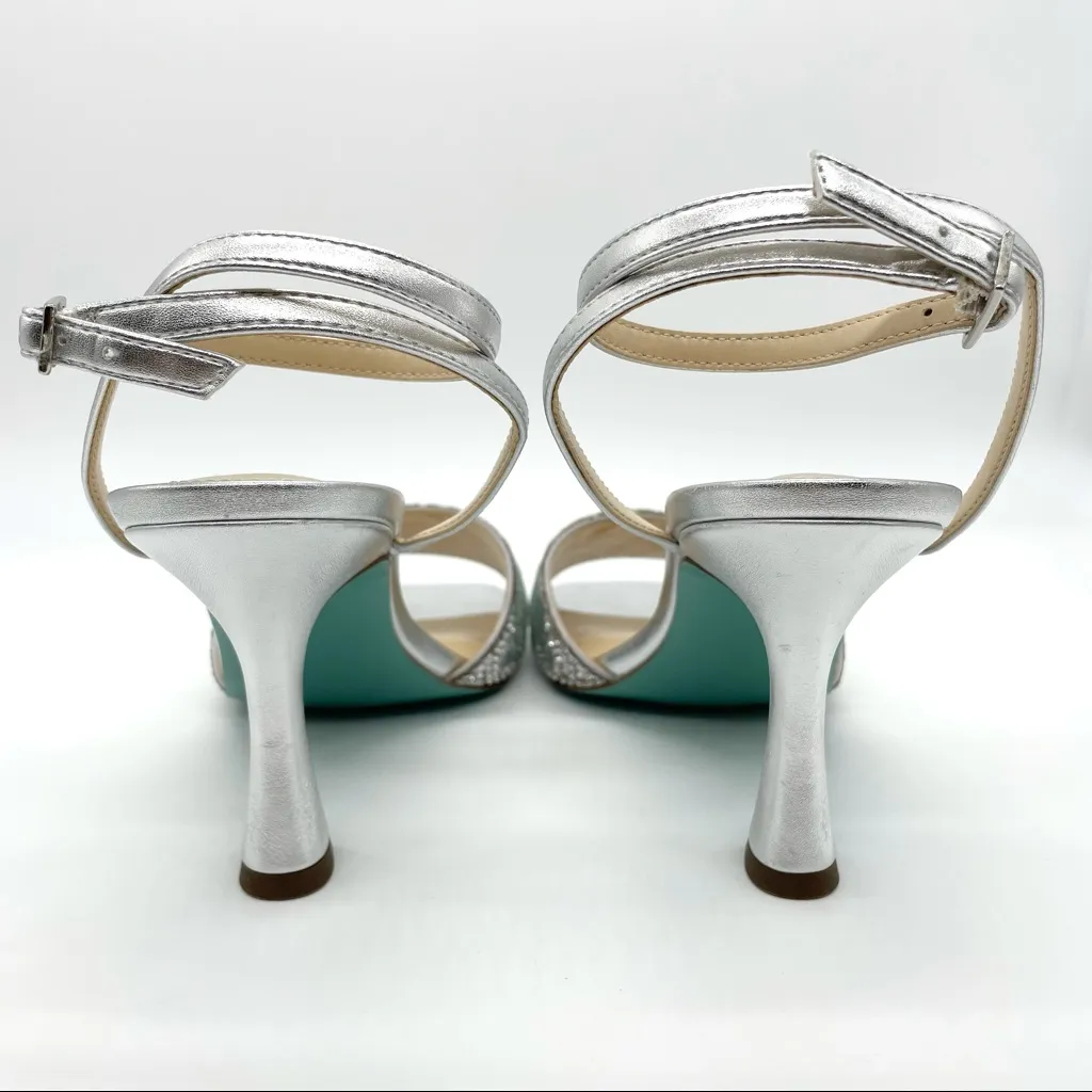 Betsey Johnson Silver Rhinestone Heels Glam Strappy Sandals, Metallic Party 9 - Image 5