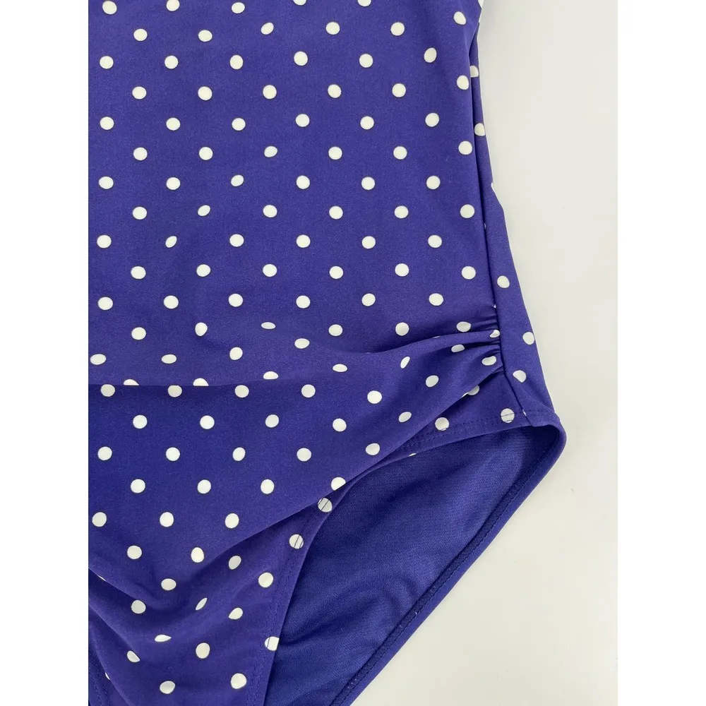 Jones New York  Bandeau One Piece Swimsuit Sz M Blue White Polka Dot Ruffle Strap - Image 2