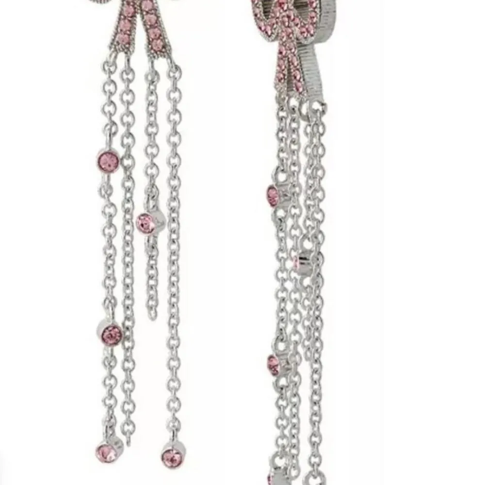 Coach Antique Bow Pave Dangling Chain Earrings, Silver Tone, Pink - Image 3