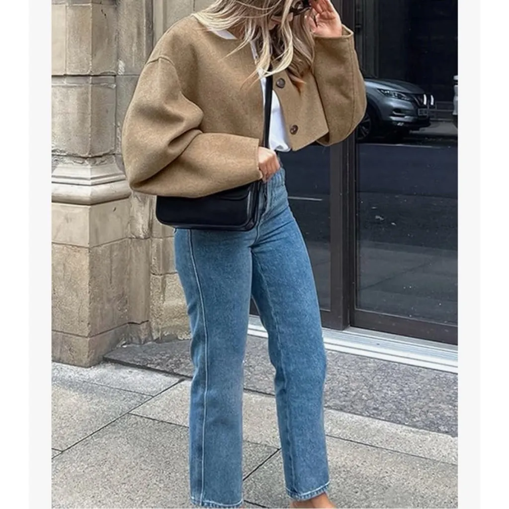 Chartou | Brushed Wool Blend Peacoat Button Down Crop Jacket Tan Size XL - Image 2