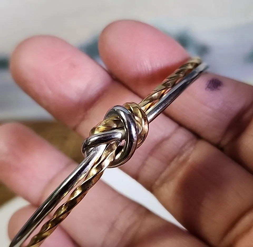 Gold and Silver Stainless Steel Knot Open Cuff Bangle Bracelet - Image 2