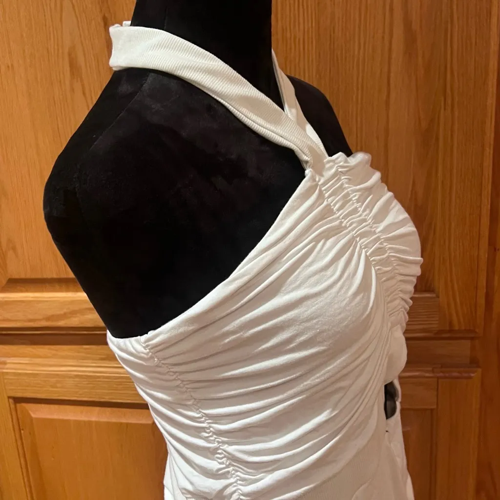 Bailey 44 Maive Halterneck Ruched Bodycon Stretch Midi Dress in White Size Large - Image 7