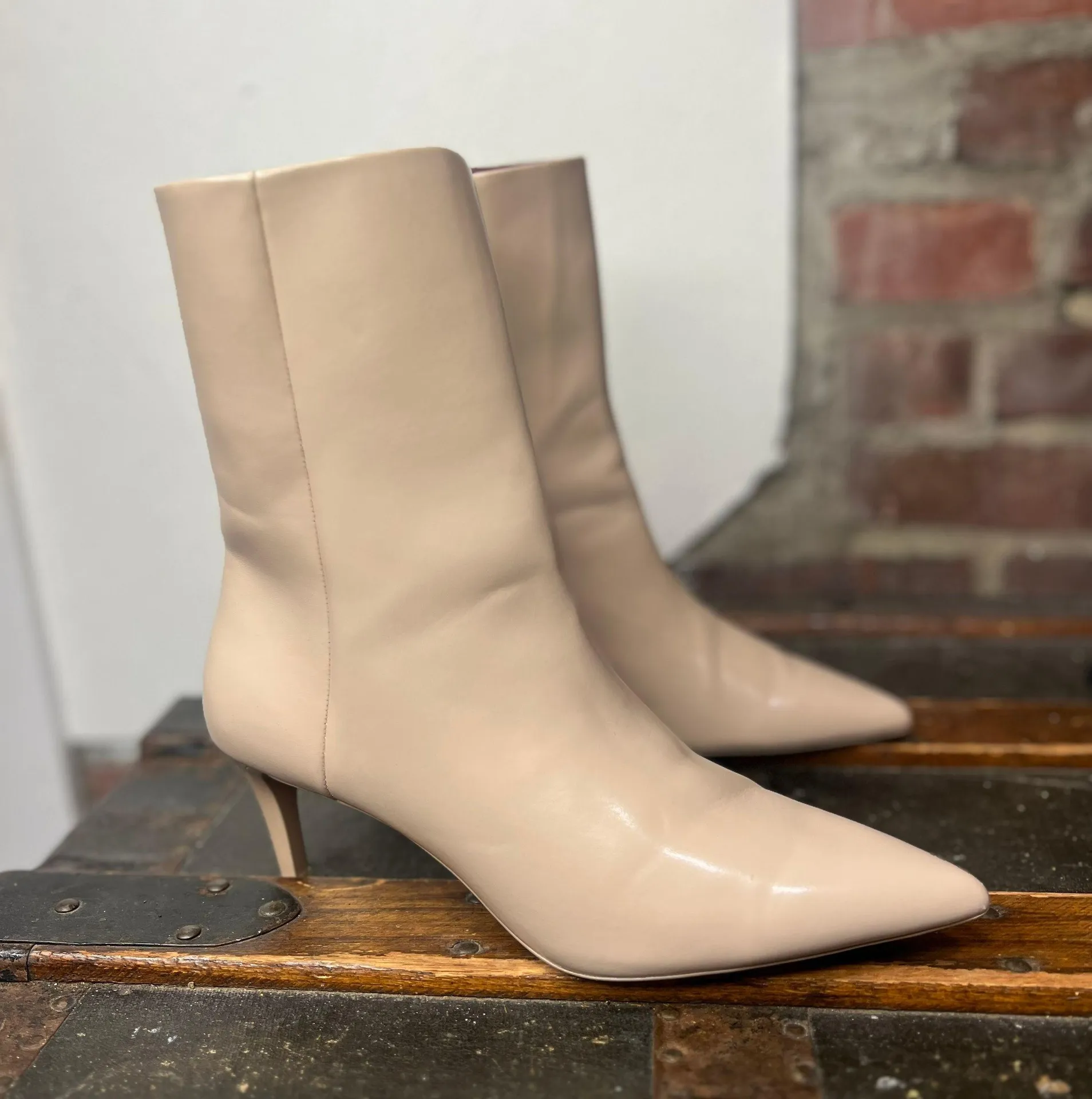 Vegan Beige Kitten Heel Pointed Toe Booties - Image 2