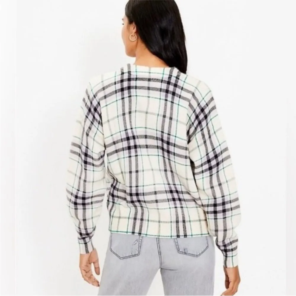 Plaid Cardigan Sweater V-Neck Ribbed Multicolor Cream Black Purple & Green - Image 3