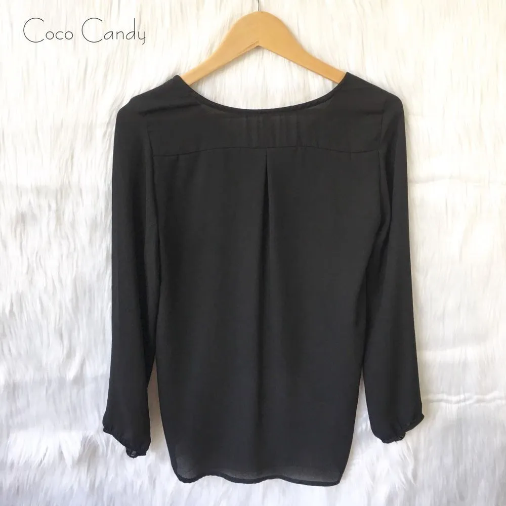 🔃Gingy Cocoa Black V Cut Long Sleeve Top - Image 3