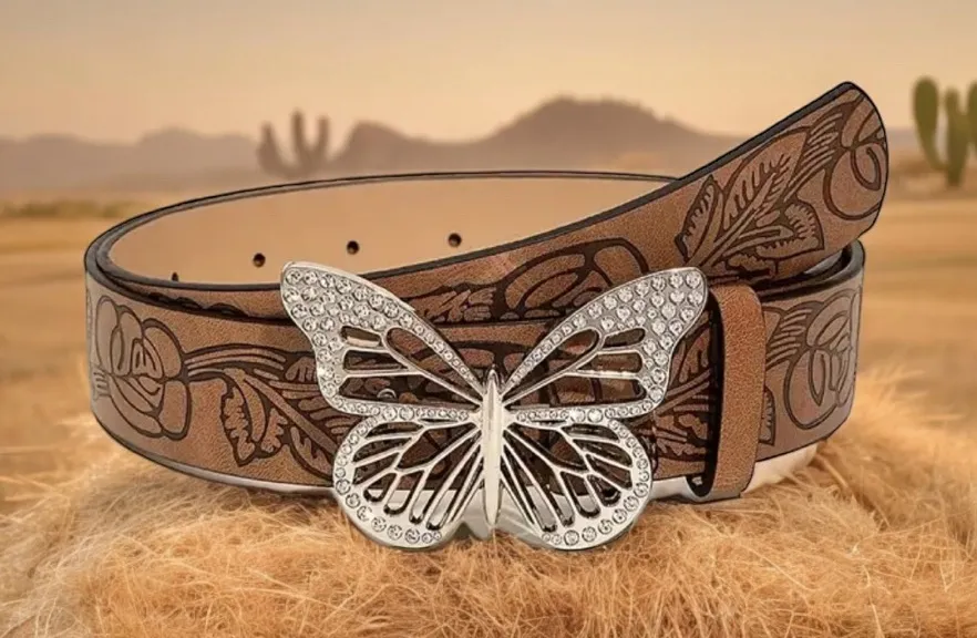 Butterfly Buckle Vintage Style Embossed Brown Waistband Western‎ Jeans Belt - Image 2