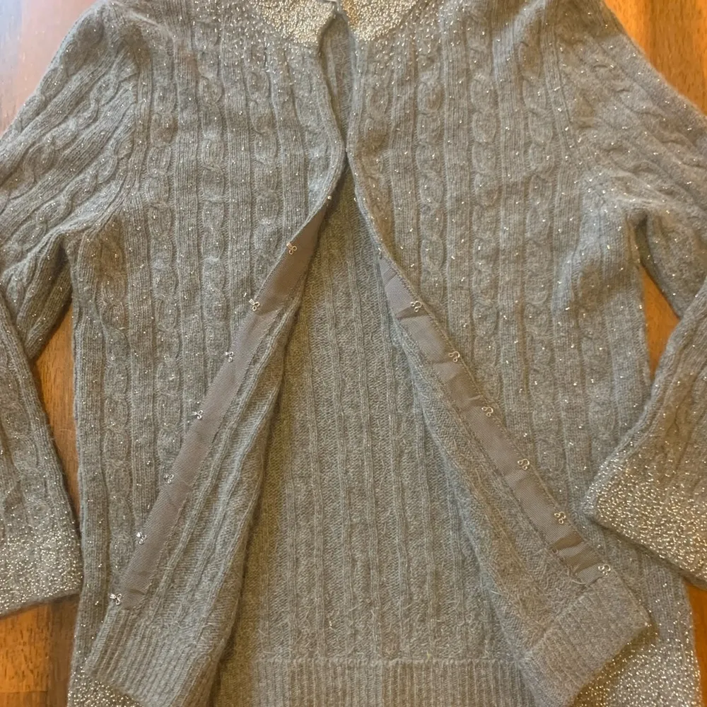 J.Crew Cardigan Medium Gray Beaded Cashmere Wool Angora Blend 3/4 Sleeves Cable - Image 3