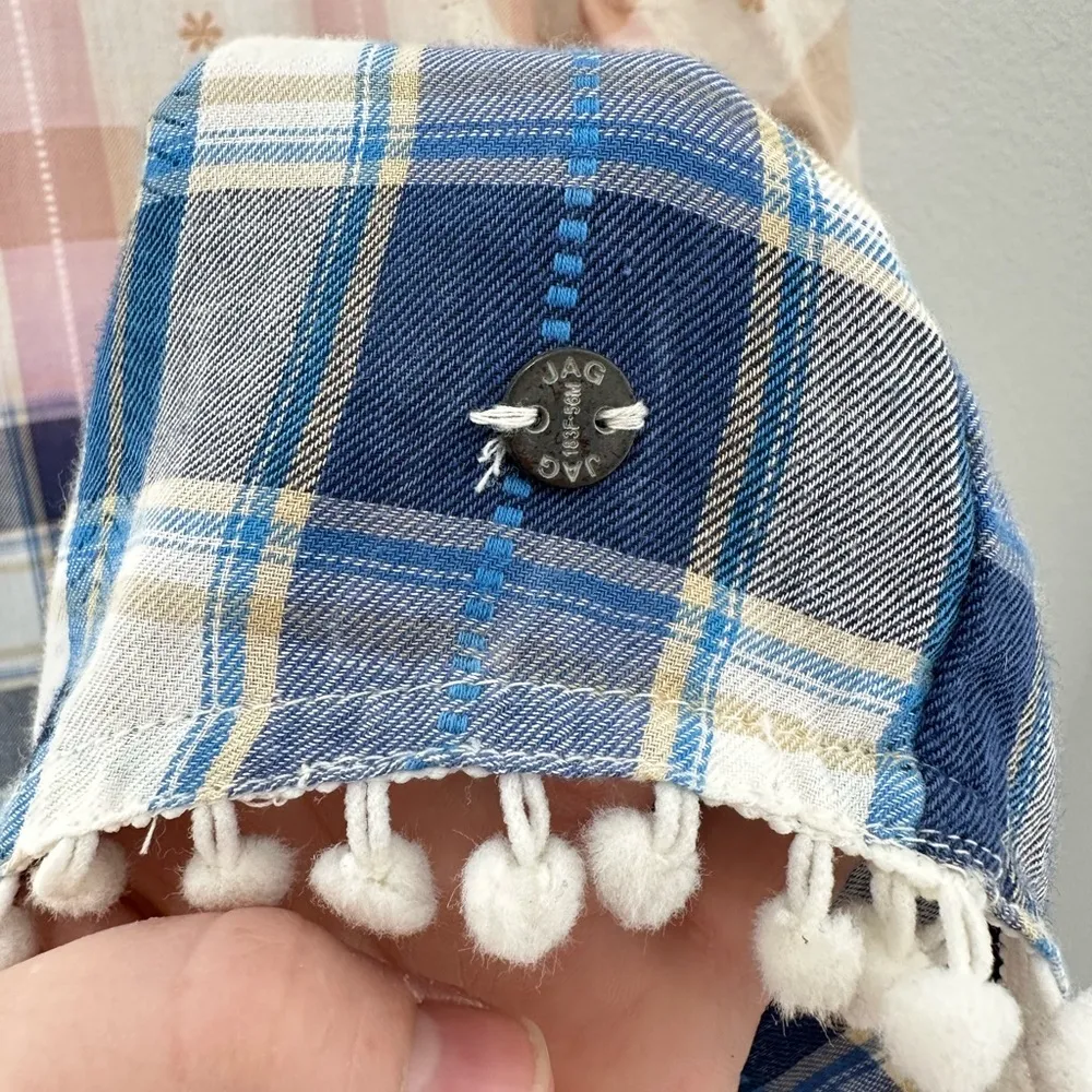 Jag Elliot Shirt with Pom Pom Detail Light Pink Soft Blue Plaid Flowy Size Large - Image 9