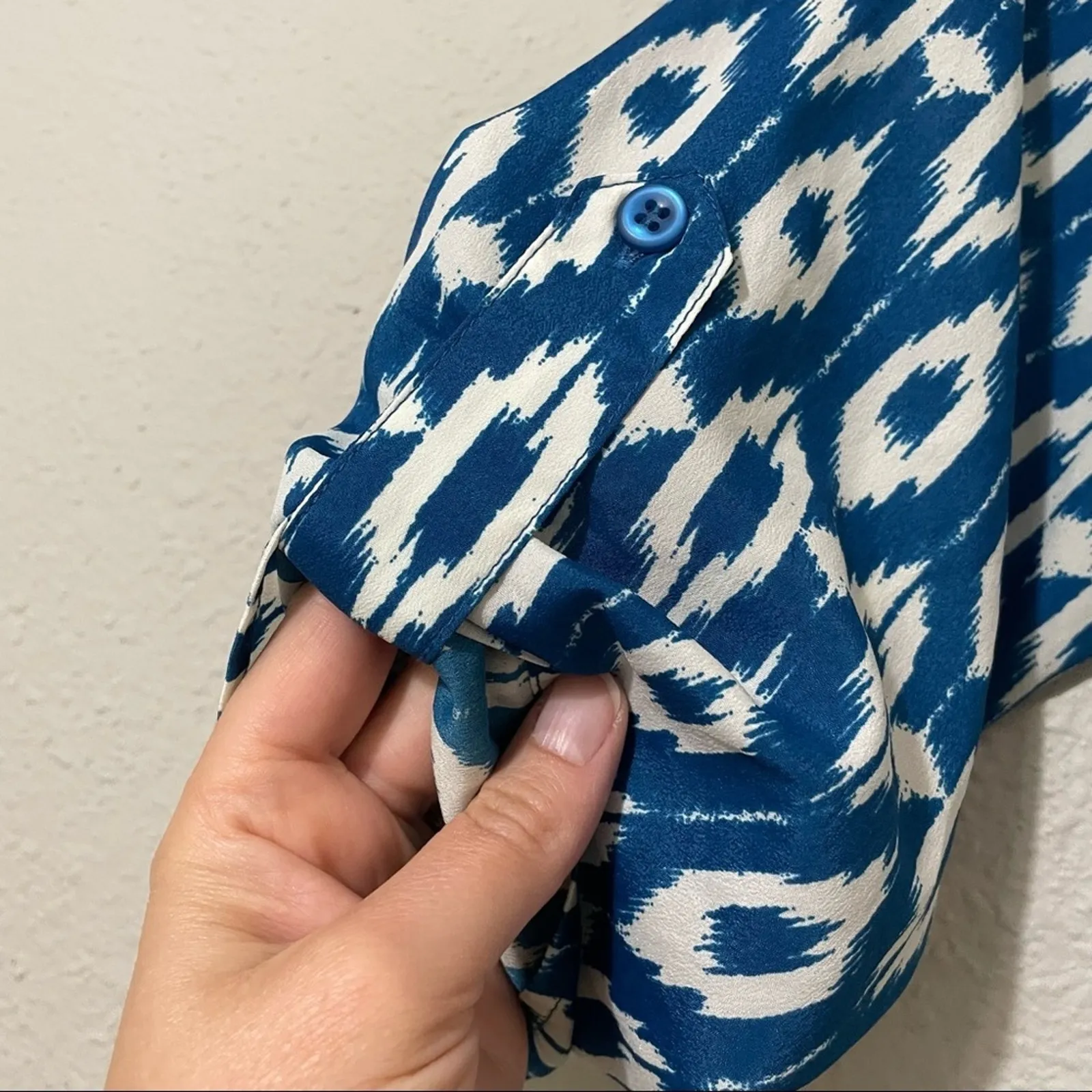 Maeve Blue Ikat Print 3/4 Sleeve Mini Shirt Dress Womens XS Belted Boho Anthro - Image 2