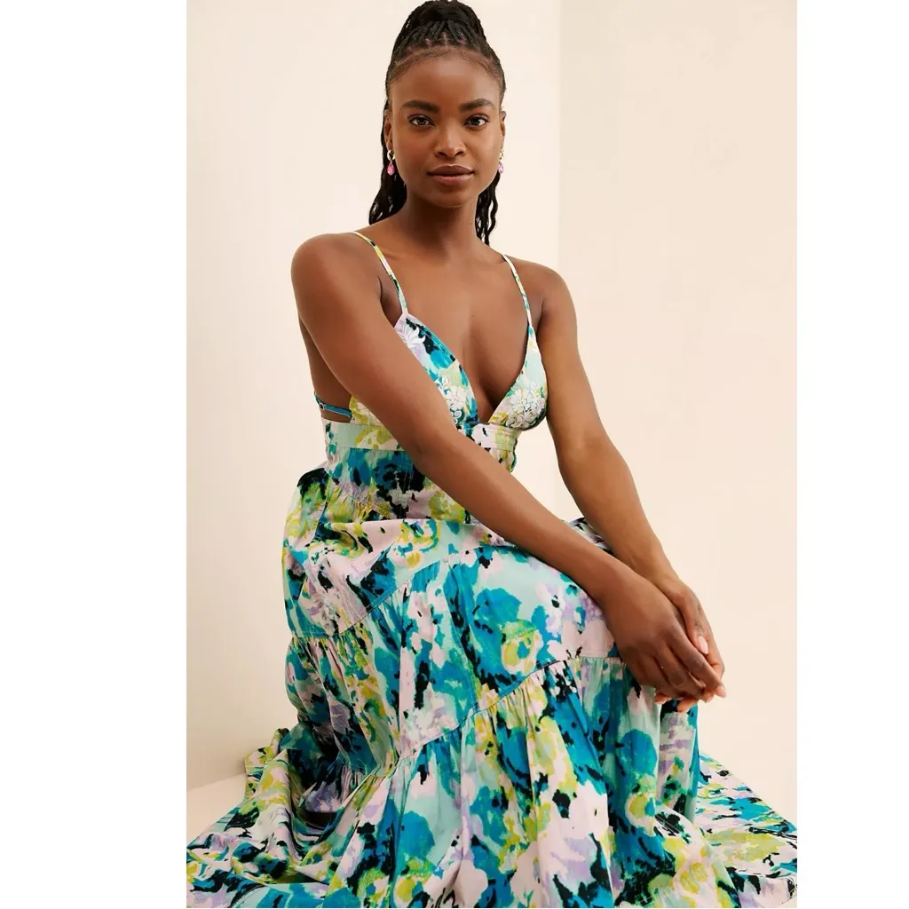 Free People Long Love Tiered Halter Midi Maxi Dress Small Embroidered Floral - Image 9