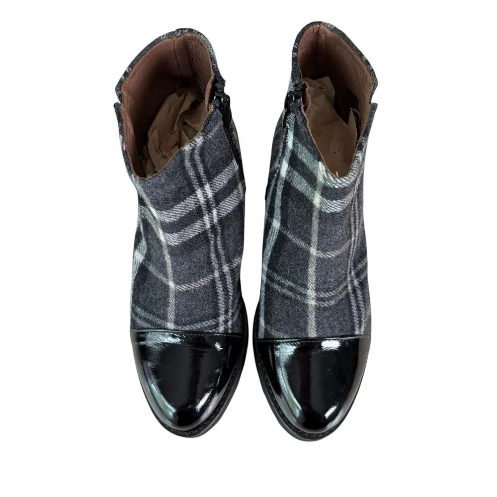 Eric Michael  Gray Tartan Plaid Ankle Boots Patent Leather Cap Toe Side‎ Zip, 6.5 - Image 3