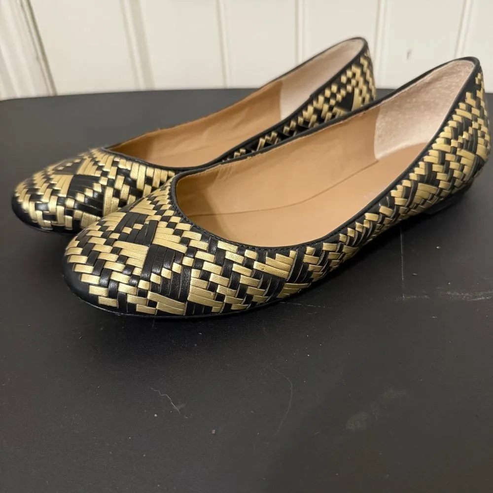Rebecca Minkoff Womens  Uma Flat 8.5M Metallic‎ Gold Black Woven Pattern Round - Image 3