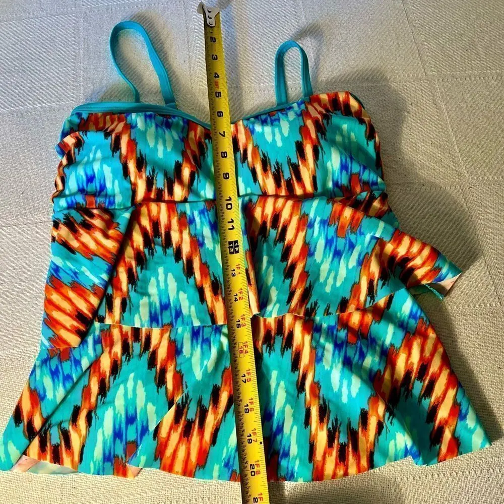Venus Tankini Swim Top Stretch Ruffle Tiered Aztec Orange Teal Green Women Sz 6. - Image 3