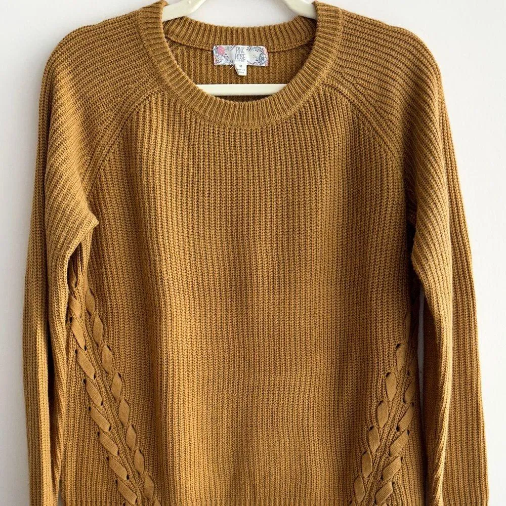 Pink Rose Gold Cable Knit Sweater, Crewneck Sweater, Size Medium - Image 2