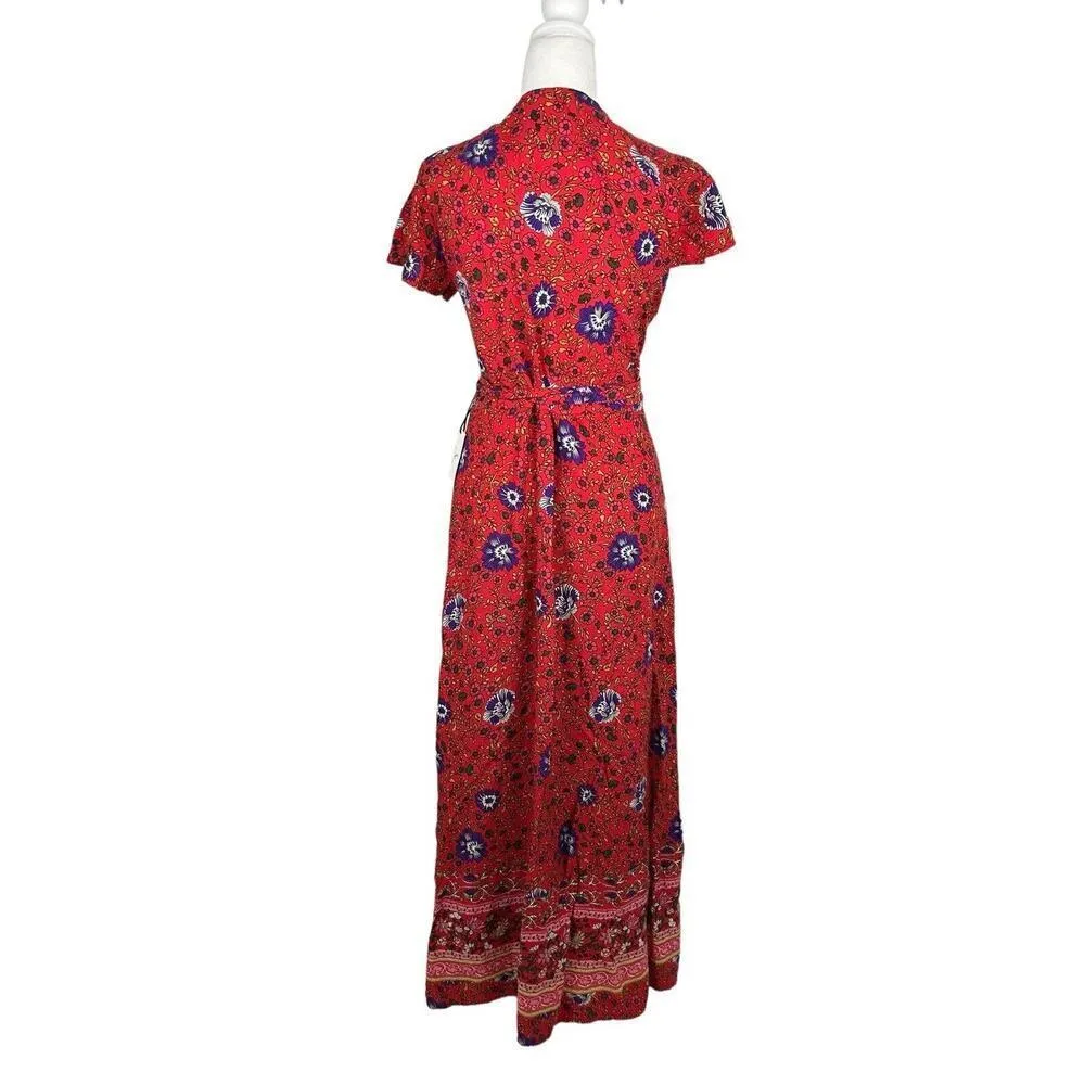Japna Women's Size Small Wrap Skirt Sleeve Red Floral Maxi - Image 2