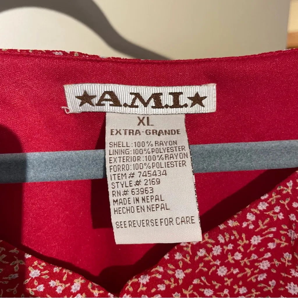 Y2K Vintage AMI Res Ditzy Floral Flouncy Cottagecore Short Sleeve Blouse XL Red - Image 3