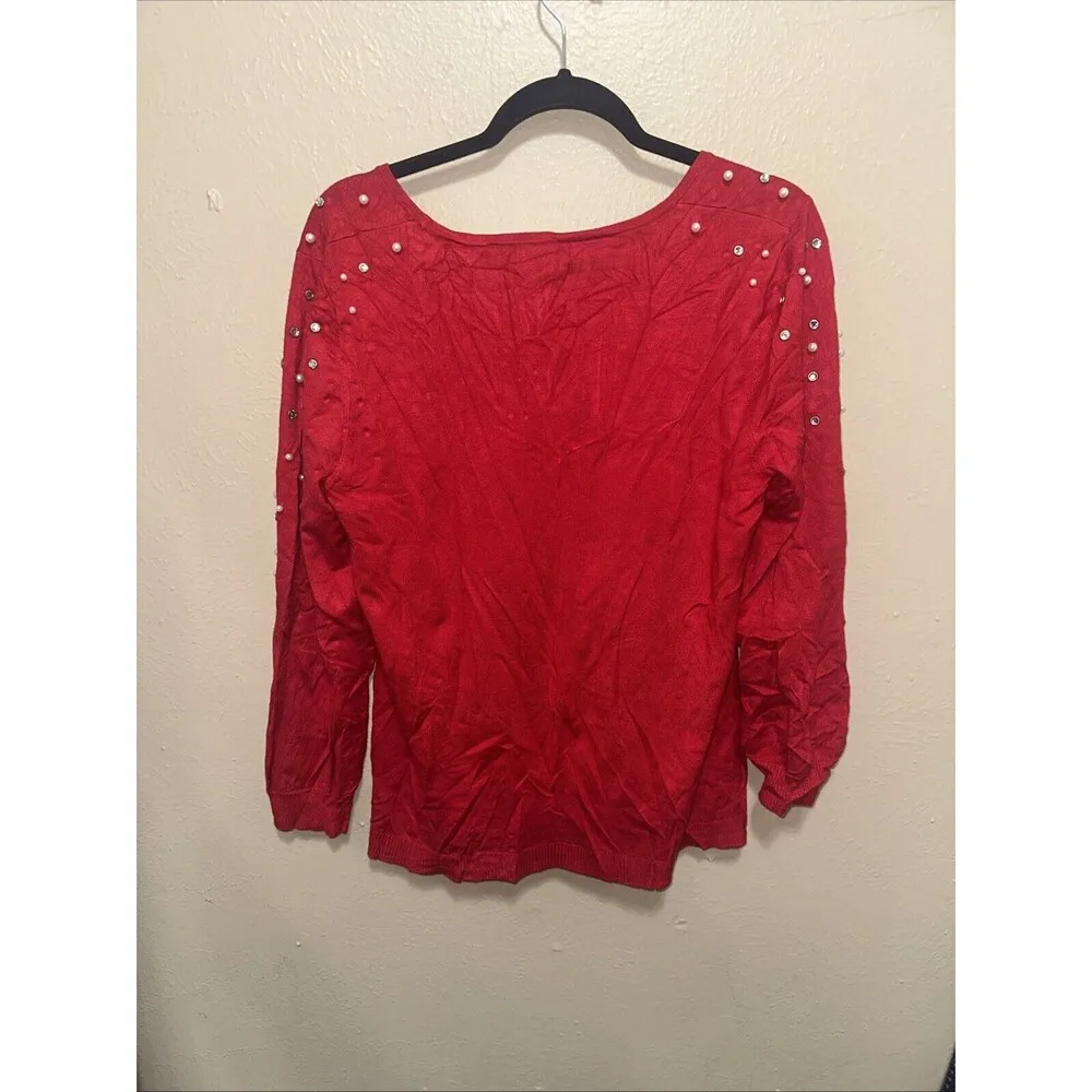 Calvin Klein Red Embellished Pearl‎ Detail Long Sleeve Top Size L - Image 6