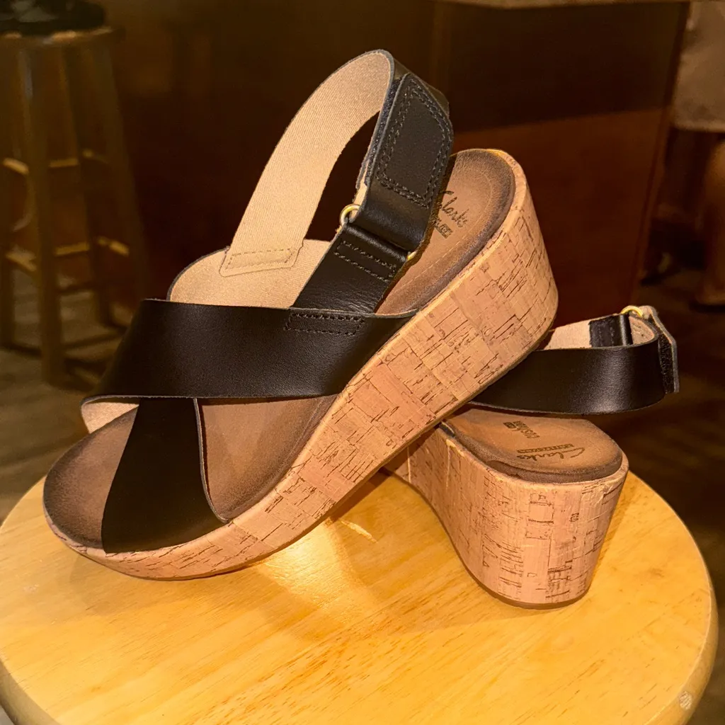 Clarks Black Leather Wedge Sandals - Image 2