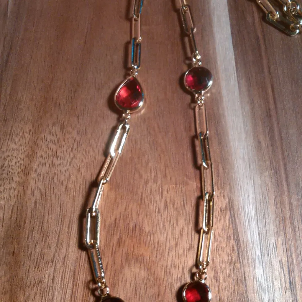 Simulated Ruby Ion Plate Yellow Gold Stainless Steel Paperclip Necklace - Image 11